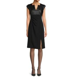 Ellen Tracy Dress S Faux Leather Black Sheath LBD Career Modern Minimalist